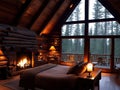 Illustration of a rustic bedroom with fireplace inside a chalet, warm cozy lighting at sunset