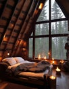 Illustration of a rustic bedroom with fireplace inside a chalet, warm cozy lighting at sunset