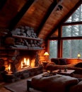 Illustration of a rustic living room with fireplace inside a chalet, warm cozy lighting at sunset -