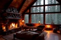 Illustration of a rustic living room with fireplace inside a chalet, warm cozy lighting at sunset -