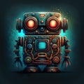 An illustration of a rusty retro robot with glowing red eyes. Created with Generative AI