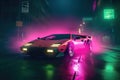 Illustration of an 80s Synthwave Neon cyberpunk supercar in a futuristic cityscape