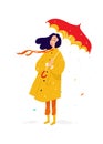 Illustration of a sad girl in a yellow raincoat. Vector. A woman under an umbrella in rainy weather is sad and sad. Depression and Royalty Free Stock Photo