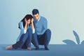 Illustration of sad man consoling to desperate woman crying sitting after loss of family member