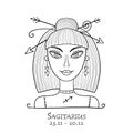 Illustration of Sagittarius zodiac sign. Element of Fire. Beautiful Girl Portrait. One of 12 Women in Collection For