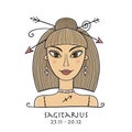 Illustration of Sagittarius zodiac sign. Element of Fire. Beautiful Girl Portrait. One of 12 Women in Collection For