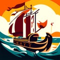 Illustration of a sailboat in the sea. Vector illustration. AI generated
