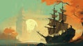 Illustration of a sailing ship with torn sails approaching a mystical city in flat style