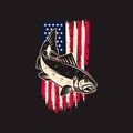 Illustration of salmon fish of background of usa flag in grunge style. Design element for poster,card, banner, sign