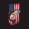 Illustration of salmon fish of background of usa flag in grunge style. Design element for poster,card, banner, sign