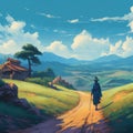 Illustration of a samurai walking down a path in a beautiful summer landscape.