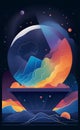 Illustration of sand abstraction in rainbow colors, dark blue space background, crystal ball, ink paint style, AI generation Royalty Free Stock Photo