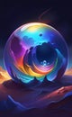 Illustration of sand abstraction in rainbow colors, dark blue space background, crystal ball, ink paint style, AI generation