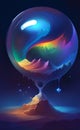 Illustration of sand abstraction in rainbow colors, dark blue space background, crystal ball, ink paint style, AI generation