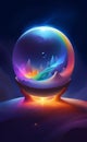 Illustration of sand abstraction in rainbow colors, dark blue space background, crystal ball, ink paint style, AI generation