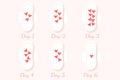 Illustration of sanitary pads with heart shape blood drops during all period days, women hygiene products for menstruation