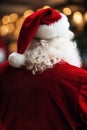 Santa Clause Back Hat Red Suit Christmas Lights Bokeh Background Royalty Free Stock Photo