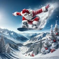 Illustration of Santa Claus captured mid-air, snowboarding down a majestic mountain slope, combining the thrill of extreme sports