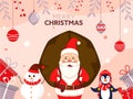 Illustration of Santa Claus Lifting a Heavy Sack with Cartoon Penguin, Snowman, Gift Boxes and Hanging Baubles Decorated