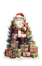 Illustration of Santa Claus over a mountain of presents. White background. Christmas card as a symbol of remembrance of the birth