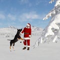 Illustration of Santa Claus standing in a snow covered landscape with a dog jumping up to greet him Royalty Free Stock Photo