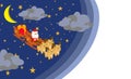 Illustration of Santa Cross on a sleigh with a big red gift box behind the sleigh being dragged by four reindeer on a night sky ba