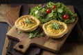 illustration, scallion and cheddar cheese omelet tarts served on wood, ai generative