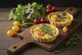 illustration, scallion and cheddar cheese omelet tarts served on wood, ai generative