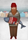 Scandinavian fisherman with fish in wool sweater. Northern landscape. Bearded man.