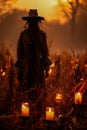 An illustration of a scarecrow bathing in the eerie light of a Halloween bonfire. Generative AI