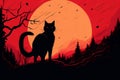 Moon cat evil spooky night halloween black illustration holiday cartoon