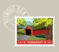 Illustration of scenic covered bridge over stream, Vermont. Royalty Free Stock Photo