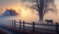 An Illustration of scenic farm landscape in the morning mist