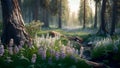 Illustration of scenic springtime forest landscape with wildflowers in the meadow. AI-generated Royalty Free Stock Photo