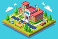 Illustration of a school building with several cars parked in front of it, End of school Customizable Isometric Illustration