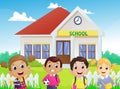 Illustration of School children in front of the school building Royalty Free Stock Photo