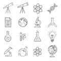 Illustration of science icons, featuring telescopes, atoms, dna, documents, globe, microscope, flasks, and light bulb Royalty Free Stock Photo