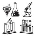 Illustration of a science lab equipment with flask microscope test tubes and other items in black and white Royalty Free Stock Photo