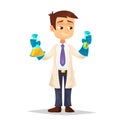 Illustration of a young handsome Scientist student professor Holding two Test tubes Funny cartoon vector illustration