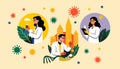 Illustration of scientists in a lab, researching and analyzing, with virus particles Royalty Free Stock Photo