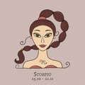 Illustration of Scorpio zodiac sign. Element of Water. Beautiful Girl Portrait. One of 12 Women in Collection For Your Royalty Free Stock Photo