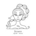 Illustration Of Scorpio Zodiac Sign. Element Of Water. Beautiful Girl Portrait. One Of 12 Women In Collection For Your