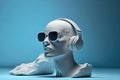 Illustration of a sculpture head with glasses and headphones. Generation AI