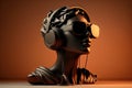 Illustration of a sculpture head with glasses and headphones. Generation AI