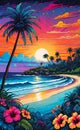 Sea landscape with tropical beach, ocean seashore. Paradise island panorama with palm tree hibiscus flowers and sky. Royalty Free Stock Photo