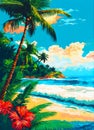 Sea landscape with tropical beach, ocean seashore. Paradise island panorama with palm tree and sky, exotic resort summer vacation. Royalty Free Stock Photo