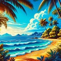 Sea landscape with tropical beach, ocean seashore. Paradise island panorama with palm tree and sky, exotic resort summer vacation. Royalty Free Stock Photo