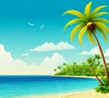 Sea landscape with tropical beach, ocean seashore. Paradise island panorama with palm tree and sky, exotic resort summer vacation. Royalty Free Stock Photo