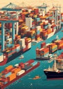 Illustration of a sea port with stack of colorful containers at the port and on ships