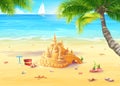 Illustration of the sea shore with palm trees, seashells and sandcastles Royalty Free Stock Photo